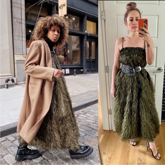 GANNI Faux Feather Embellished Jacquard Midi Dress Kalamata Green - Picture 4 of 9